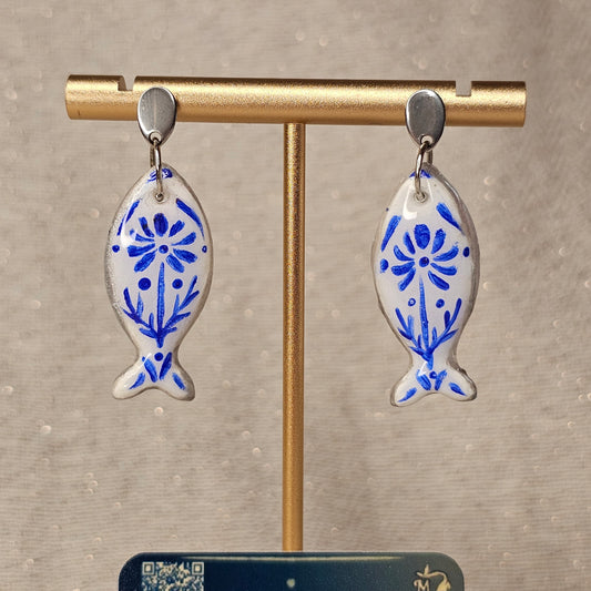 Boucles d'Oreilles "Les Poissons de Simone" : Ancienne Faïence Peinte à la Main