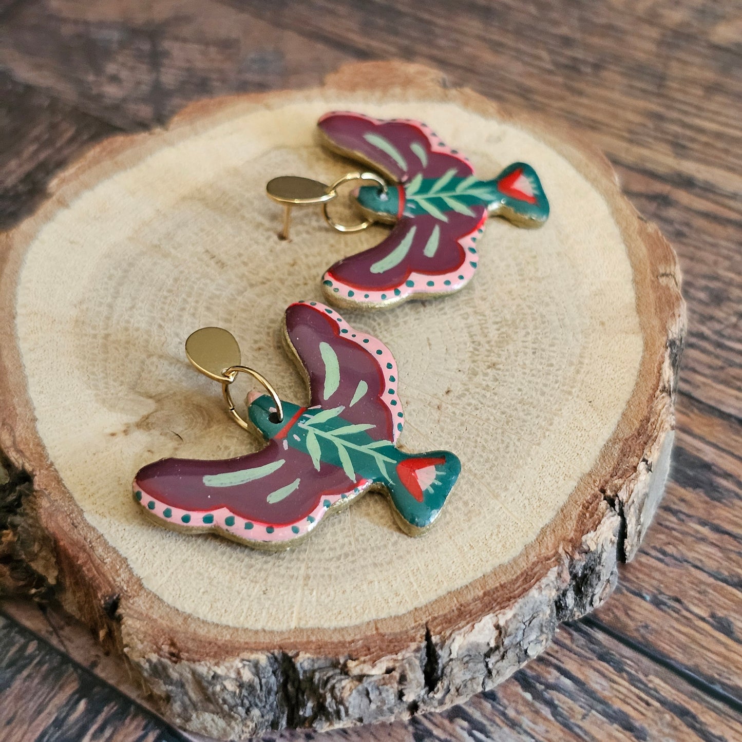 Boucles d'Oreilles "Les Oiseaux d’Aimé" : Art Folklorique Peinte à la Main
