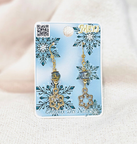 Boucles d'oreilles Flocon de Neige perle bleu reflet