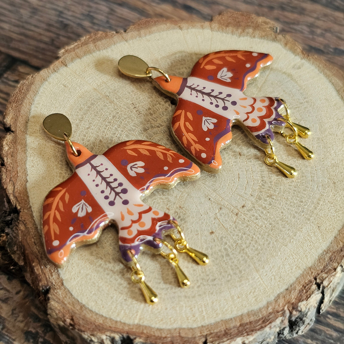 Boucles d'Oreilles "Les oiseaux de Sylvie" : Art Folklorique Peinte à la Main