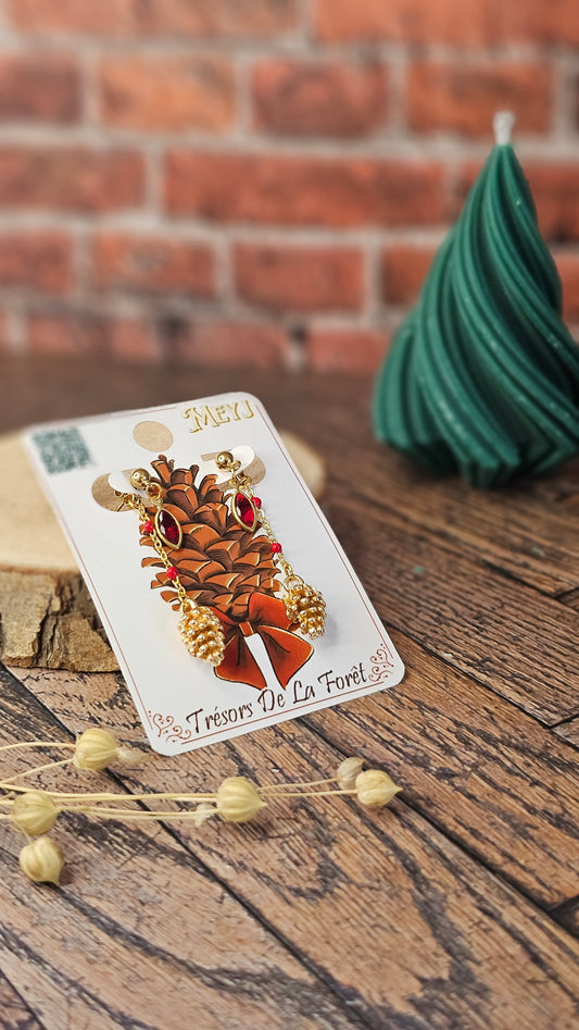 Boucles d'oreilles Pomme de Pin et Cristal rouge