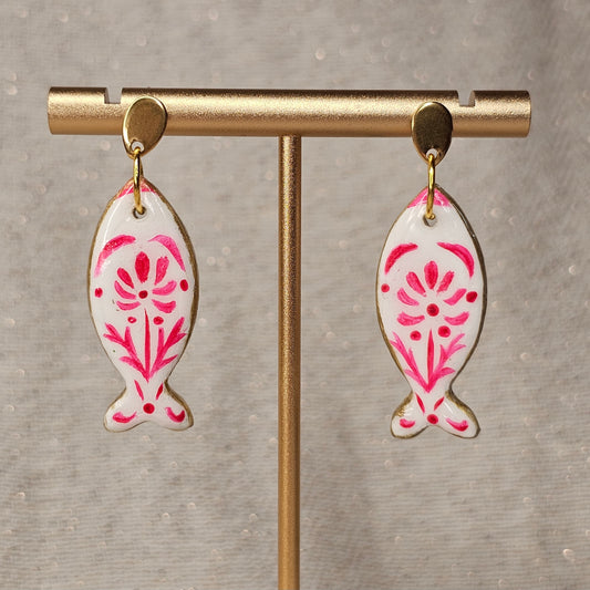 Boucles d'Oreilles "Les Poissons de Jeanne" : Ancienne Faïence Peinte à la Main